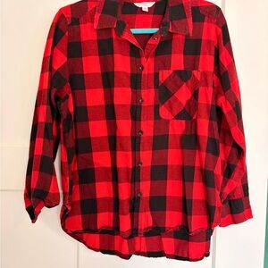 Time and Tru Women's Red and Black Plaid Button Down Shirt